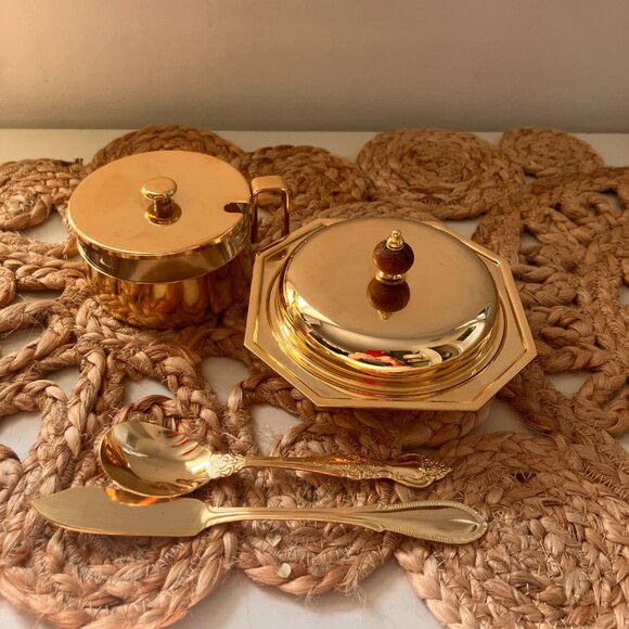 Vintage Made In Italy Gold Plated Brass Covered Butter Dish and Jam Pot - Picture 6 of 12